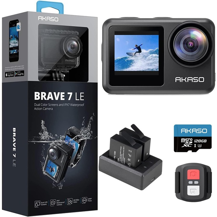Camera de actiune AKASO Brave 7 LE, 4K 30FPS, 20MP, EIS 2.0, Dual Screen, Touchscreen, Waterproof 40m cu Carcasa, WiFi, IPX7, card 128GB si 2 baterii 1350mAh