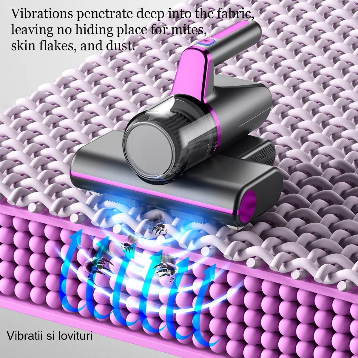 Aspirator portabil pentru acarieni, 14Kpa putere de aspiratie, tehnologie UV, 20x21.5x15.5cm, mov-gri