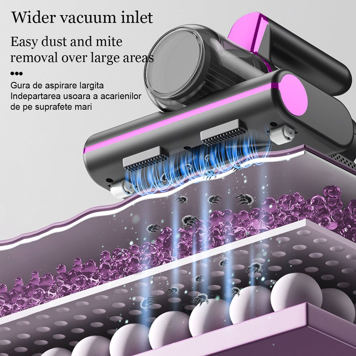 Aspirator portabil pentru acarieni, 14Kpa putere de aspiratie, tehnologie UV, 20x21.5x15.5cm, mov-gri