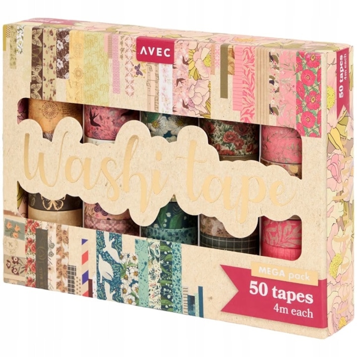 Set autocolante washi tape, CARDSPLITTER, set 50 bucati, 4m, multicolor, 5-30mm