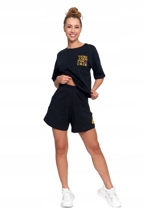 Pantaloni scurti dama, Moraj, talie inalta, lejeri, negru, bumbac, S INTL