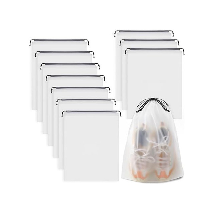 Saci transparenti pentru incaltaminte, pachet de 10, 40,5 cm x 29,5 cm, cu snur pentru ambalare, depozitare portabila impermeabila si rezistenta la praf, unisex