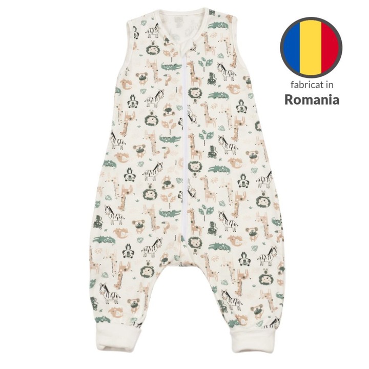 Sac dormit copii de vara din bumbac cu picioare 6-18 luni Kidizi® Safari, 0.5 tog, mansete transformabile in soseta