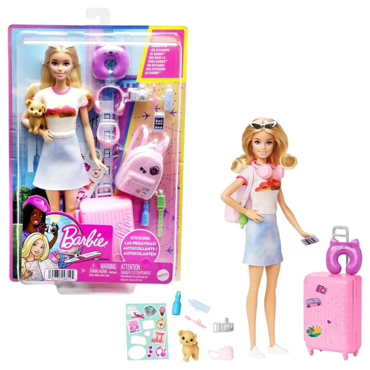 Papusa Barbie si accesorii, set de voiaj