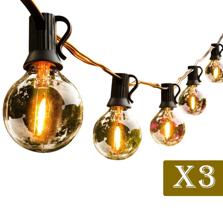 Комплект от 3 x 7,5 м гирлянди, OPTIM SOLUTION, 25 крушки с топло бяло осветление, енергийно ефективни, за двор, градина, декорация на пространство, устойчиви на атмосферни влияния, релаксираща атмосфера, за вътрешна/външна употреба, бърз монтаж, XEG