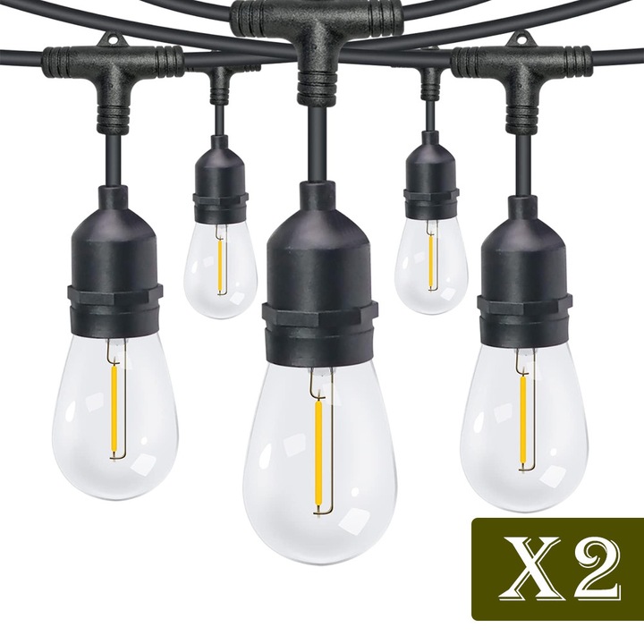 Комплект от 2 x гирлянди OPTIM SOLUTION, Равномерно осветление, Енергийно ефективни, Топла бяла светлина, Двор, Градина, Устойчиви на атмосферни влияния, Естетически и практически предимства, Вътрешни и външни, Бърз монтаж, 10 м, 20 крушки