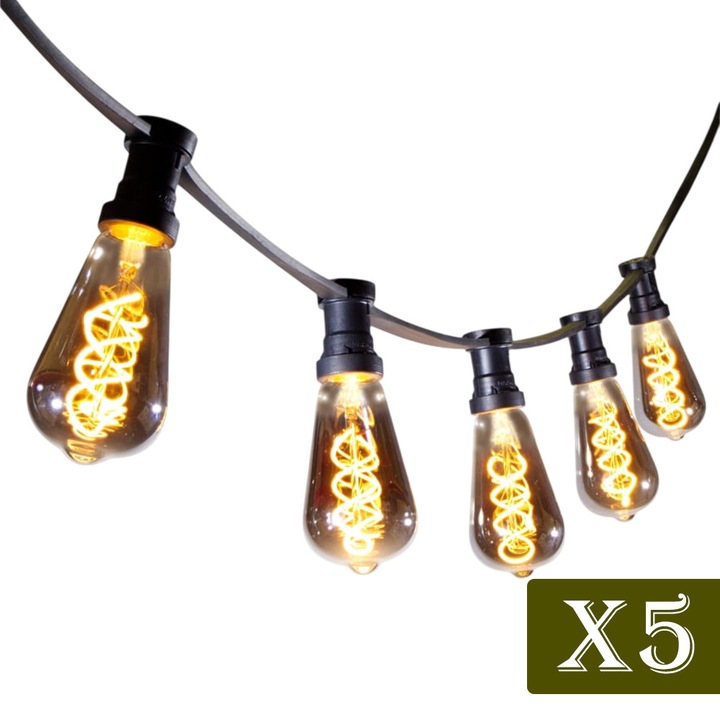 Комплект от 5 x гирлянди OPTIM SOLUTION, Равномерно осветление, Енергийно ефективни, Топла бяла светлина, Двор, Градина, Устойчиви на атмосферни влияния, Спирала, Вътрешни и външни, Бърз монтаж, 10 м, 20 крушки