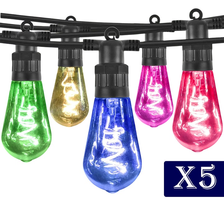 Комплект от 5 x светещи гирлянди OPTIM SOLUTION, Амбиентно осветление, Енергийно ефективно, За декорация на стаи, Градина, Пространство, Устойчиво на атмосферни влияния, Вътрешни и външни, Бърз монтаж, 10 м, 20 многоцветни крушки