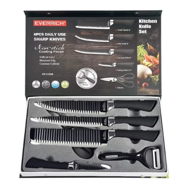 Set 6 Piese Bucatarie Mastercook de la Everrich- 4 Cutite Premium, Decojitor & Foarfeca Multifunctionala