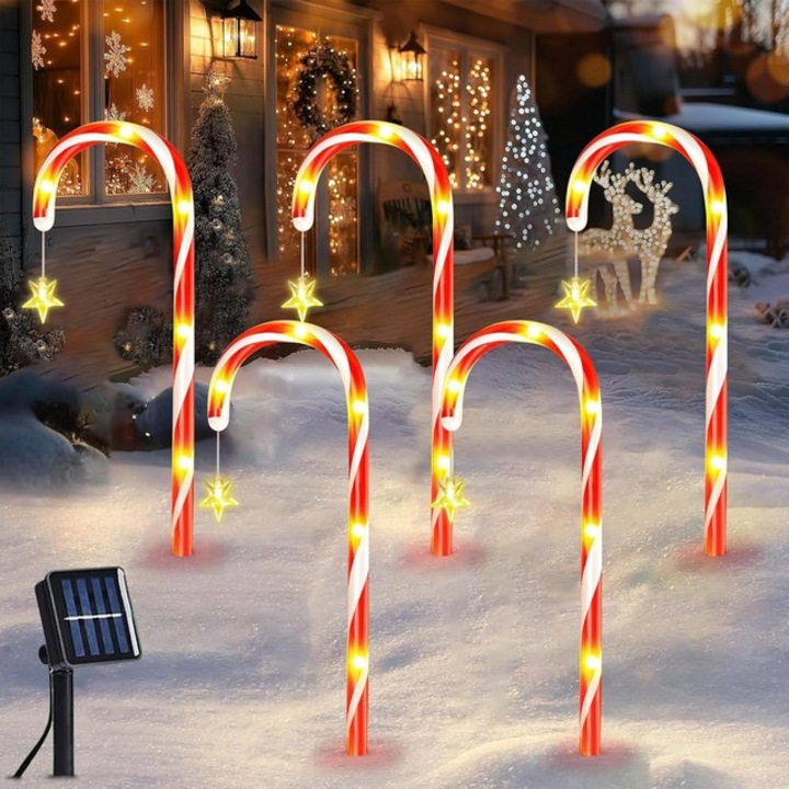 Set 5 decoratiuni luminoase de gradina pentru Craciun, steluta si bastonas, panou solar, LED