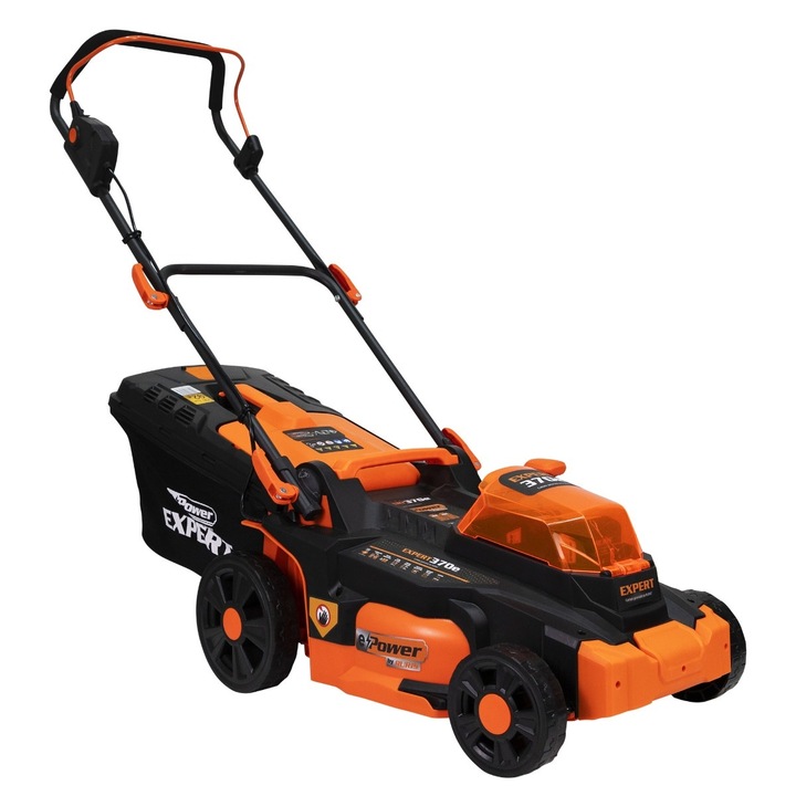 Masina de tuns gazon Ruris Expert, cu 2 acumulatori si incarcator, Li-Ion, 2 x 20 V, functia de colectare, aruncare in spate, mulching, latime de lucru 37 cm, viteza de taiere 3300 rot/min