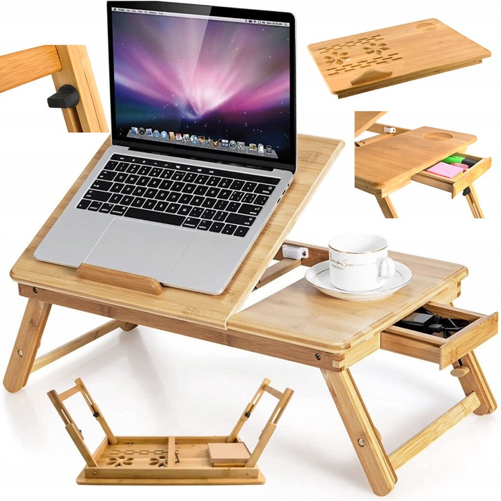 Masuta pentru laptop Reglabila si Pliabila din Bambus LikeSmart Laptop Stand, Unghi Inclinare in 4 trepte 45°, Sertar Depozitare, Gauri Ventilatie, 67 x 28 cm