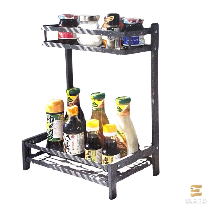 Suport Condimente 2 Etaje ELARO, Organizator Bucatarie, Baie, Metal Gri cu Puncte, 32x19.5x40cm, Multifunctional