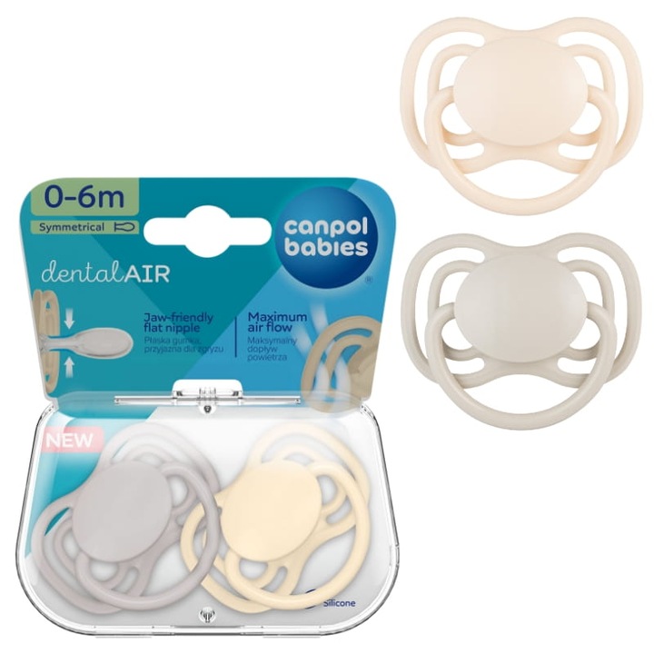 Комплект силиконови залъгалки, Canpol Babies, Dental Air 0-6M, Детска възраст 0-6 месеца, Изработени от издръжливи и безопасни материали, Силиконов материал, Без BPA, Симетрична гумичка, 10 см x 10,63 см, Кремав цвят