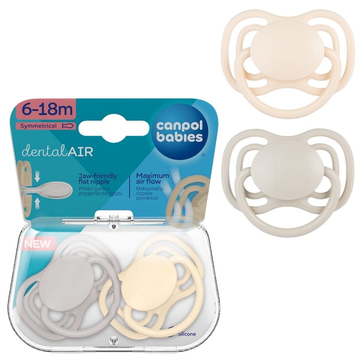Комплект залъгалки Symmetrical Dental Air Silicone 6-18 месеца, Canpol Babies, 23/229_Cre, Детска възраст 6-18 месеца, Силиконов материал, Без BPA, Ергономична форма, 10,63 см x 10,5 см, Кремав