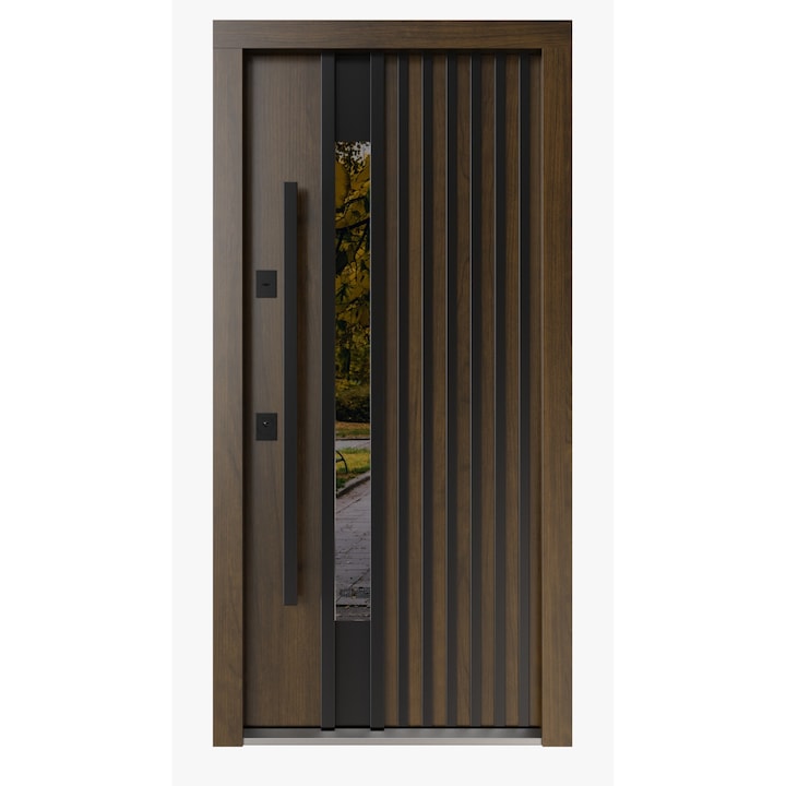 Usa metalica exterior casa PREMIUM NORDIK geam, placata cu lemn 7 straturi la exterior, Stejar Nobil, izolatie termica 0.7 w mpK, izolatie fonica 45 dB, rezistenta sporita la soare si apa, 980x2050, INCHIDERE MAGNETICA Securreme Italia, stanga