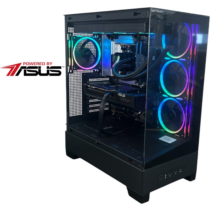 Sistem Desktop PC Gaming Serioux Powered by ASUS cu procesor AMD Ryzen™ 7 9800X3D pana la 5.2GHz, Racire pe lichid, 32GB DDR5, 2TB SSD, ASUS PRIME GeForce RTX™ 5070 OC Edition 12GB GDDR7, No OS, Negru