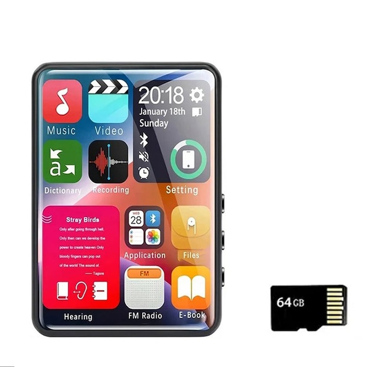 MP3 lejátszó, WALALLA, 2,4 hüvelykes, Bluetooth, FM rádió, felvételi funkció, 64 GB-os kártyával