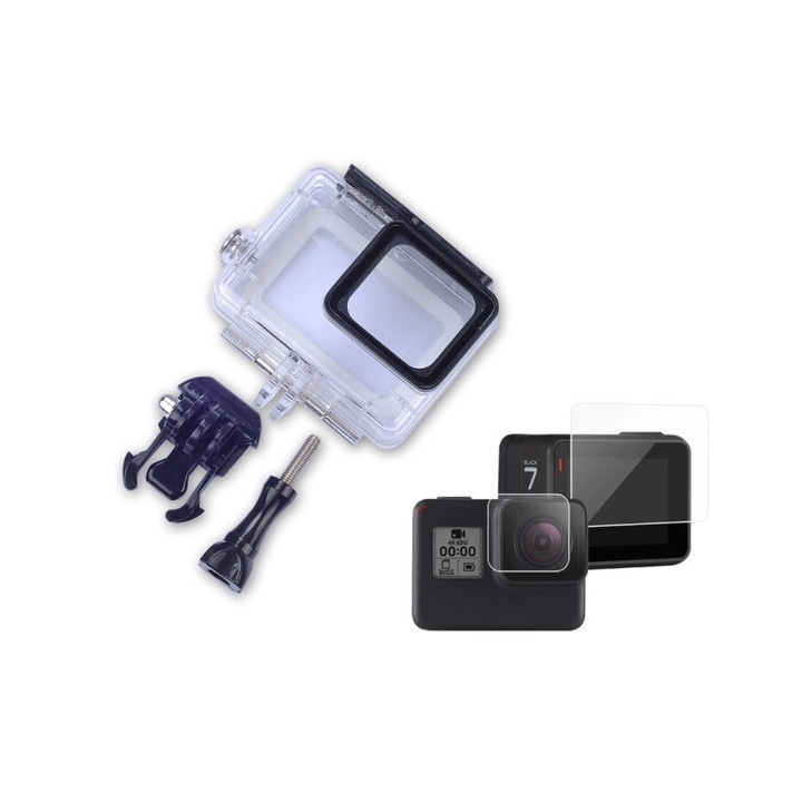 Carcasa de protectie Subacvatica pt Gopro Hero 5, Hero 6, Hero 7 impreuna cu folie de Protectie pt ecran si lentila, waterproof Frame / rezistenta la soc