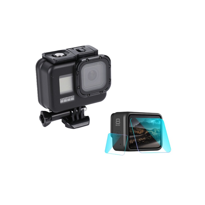 Водоустойчив калъф за GoPro Hero 8 Hero 8 Черен, с фолио за защита на екрана и обектива, удароустойчив, Черен