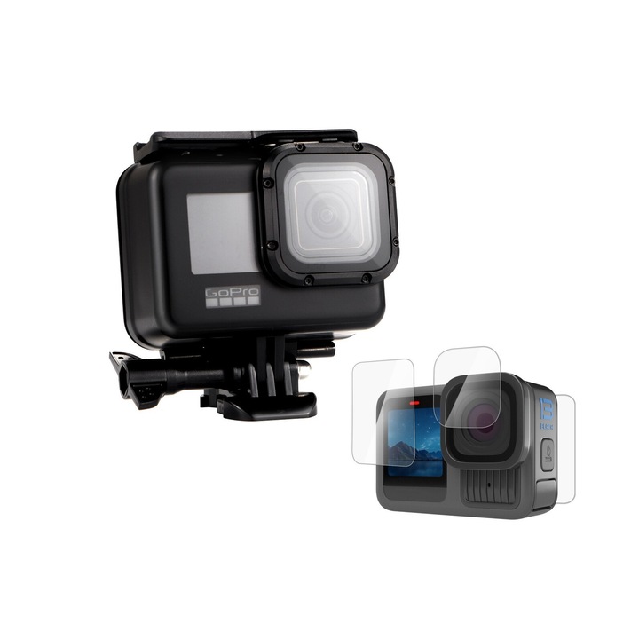 Калъф за GoPro Hero 13, Черен водоустойчив, със защитно фолио за екрана и обектива, черен с допълнително покритие / устойчивост на удар