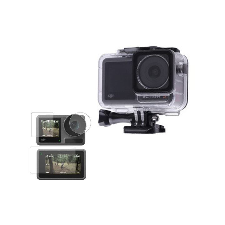 Víz alatti védőtok DJI OSMO Action 3, Action 4, Action 5 sportkamerához, képernyő- és objektívvédő fóliával, vízálló kerettel együtt