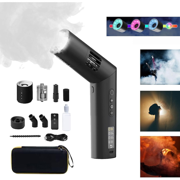 Masina de fum portabila, WALALLA, cu lumini RGB magnetice, 3 viteze de vant, 25 concentratii de fum, cu telecomanda, negru, 23x4.8x4.2cm