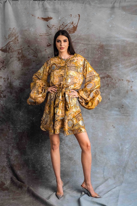 MIAU by Clara Rotescu, Rochie mini de matase cu model grafic Ara, Auriu/Caramel