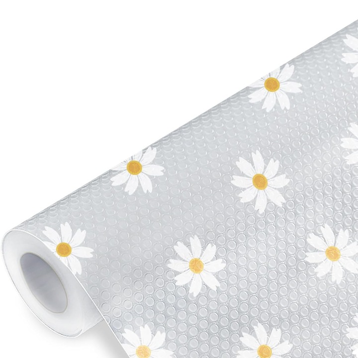 Covorase lavabile pentru frigider, SINBINTA, Covorase Antibacteriene pentru Frigider, Cu imprimeu margareta, Impermeabile, Antialunecare, Usor de curatat, Reutilizabile, Pentru frigiderului, sertarelor si meselor, EVA, 30*500cm, Multicolor