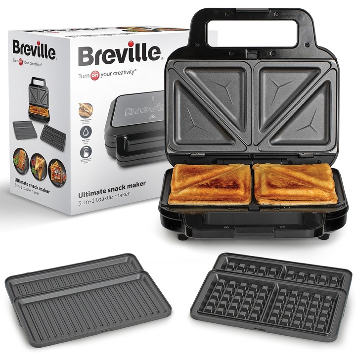 Aparat de făcut sandvișuri Breville, 3 în 1, extra adânc, negru, 800W