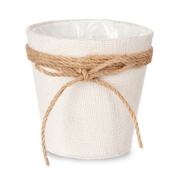 Husa pentru ghiveci impletit cu fundita de iuta, Ø 13 cm - alb