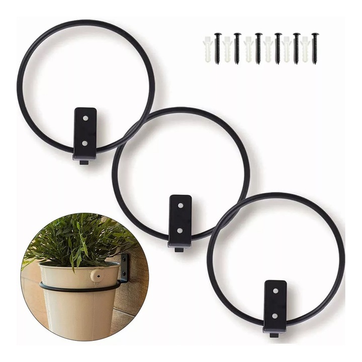 Set 3 suporturi metalice pentru ghivece, 16,5x16,5cm, negru