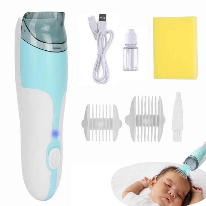 Aparat de tuns pentru bebelusi Veridion® cu aspirator inclus, ultra-silentios, IPX7, 2 piepteni, incarcare USB, albastru