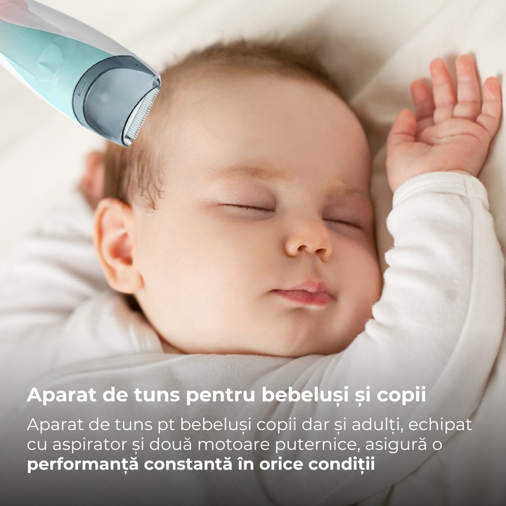 Aparat de tuns pentru bebelusi Veridion® cu aspirator inclus, ultra-silentios, IPX7, 2 piepteni, incarcare USB, albastru