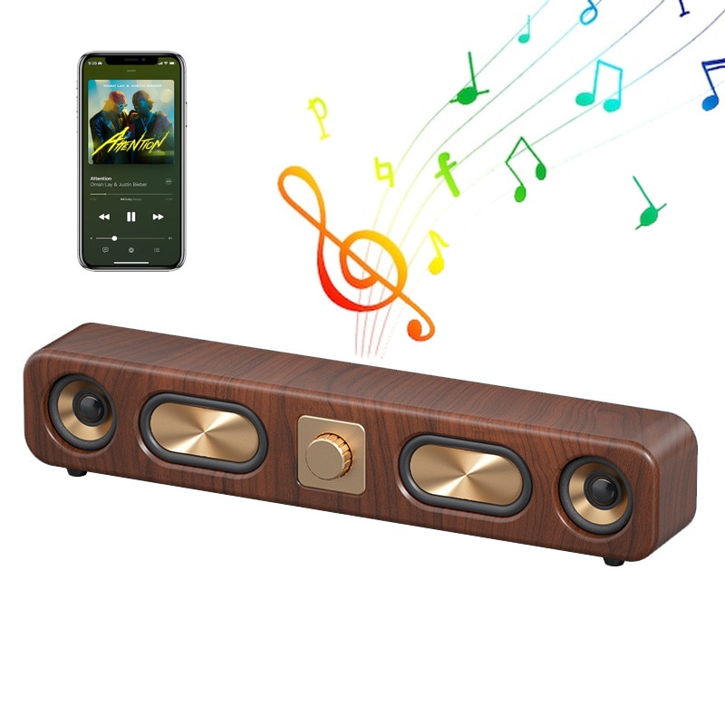 Bara de sunet, Boxa Bluetooth fara fir, Bluetooth 5.0, Soundbar, Fudisenn, Retro, Anulare zgomot, 2400mAh, Boxa cu patru unitati, Intrare card/USB/AUX, Sunet surround, Distanta maxima de functionare 10m, Maro