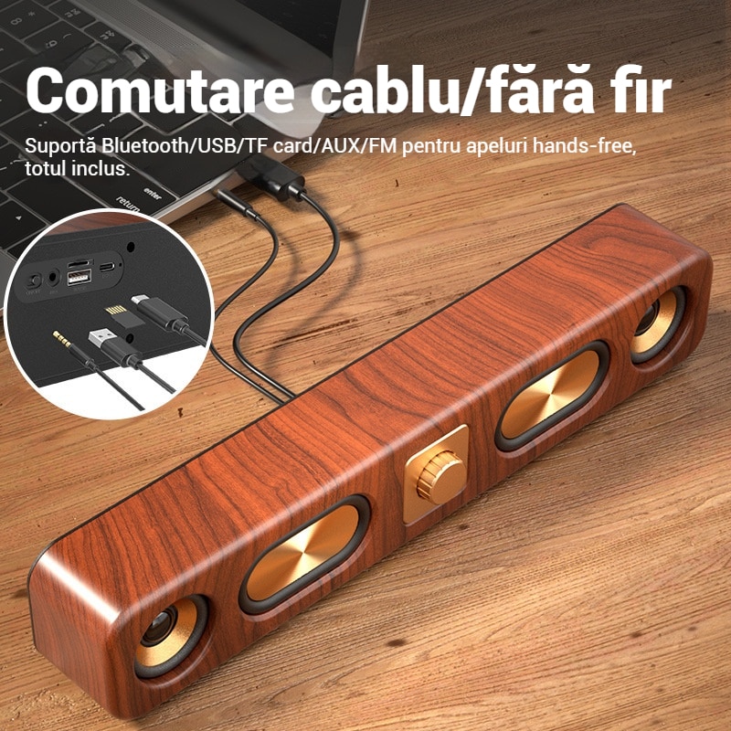 Bara de sunet, Boxa Bluetooth fara fir, Bluetooth 5.0, Soundbar, Fudisenn, Retro, Anulare zgomot, 2400mAh, Boxa cu patru unitati, Intrare card/USB/AUX, Sunet surround, Distanta maxima de functionare 10m, Maro