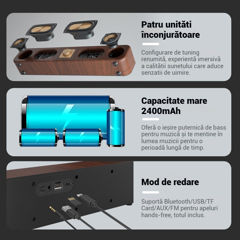 Bara de sunet, Boxa Bluetooth fara fir, Bluetooth 5.0, Soundbar, Fudisenn, Retro, Anulare zgomot, 2400mAh, Boxa cu patru unitati, Intrare card/USB/AUX, Sunet surround, Distanta maxima de functionare 10m, Maro