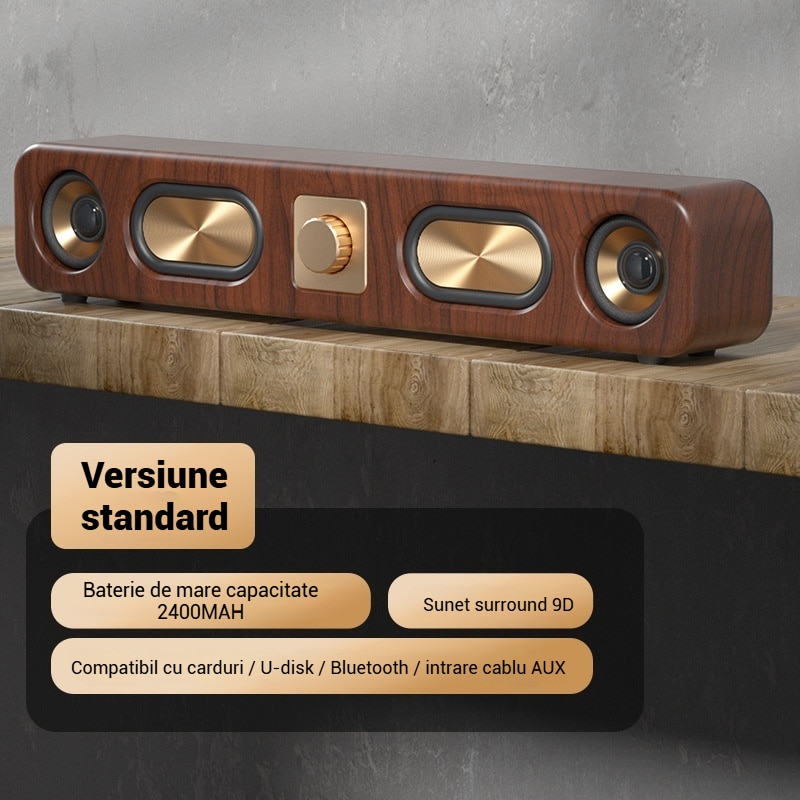 Bara de sunet, Boxa Bluetooth fara fir, Bluetooth 5.0, Soundbar, Fudisenn, Retro, Anulare zgomot, 2400mAh, Boxa cu patru unitati, Intrare card/USB/AUX, Sunet surround, Distanta maxima de functionare 10m, Maro