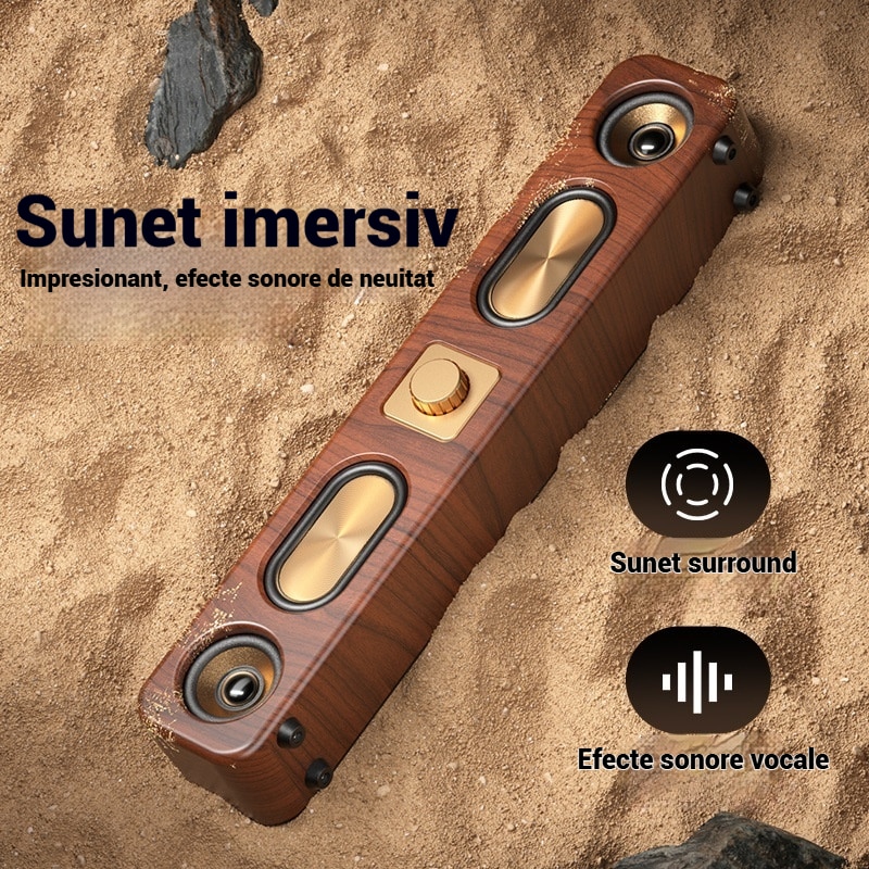 Bara de sunet, Boxa Bluetooth fara fir, Bluetooth 5.0, Soundbar, Fudisenn, Retro, Anulare zgomot, 2400mAh, Boxa cu patru unitati, Intrare card/USB/AUX, Sunet surround, Distanta maxima de functionare 10m, Maro