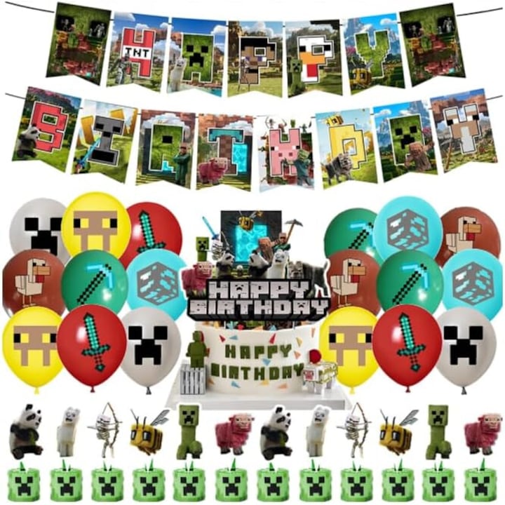 Декорации за партита на тема Minecraft геймъри, декорации за рожден ден на Minecraft, аксесоари за геймърски партита, топери за торти, банери, топери за мъфини и балони за детски партита