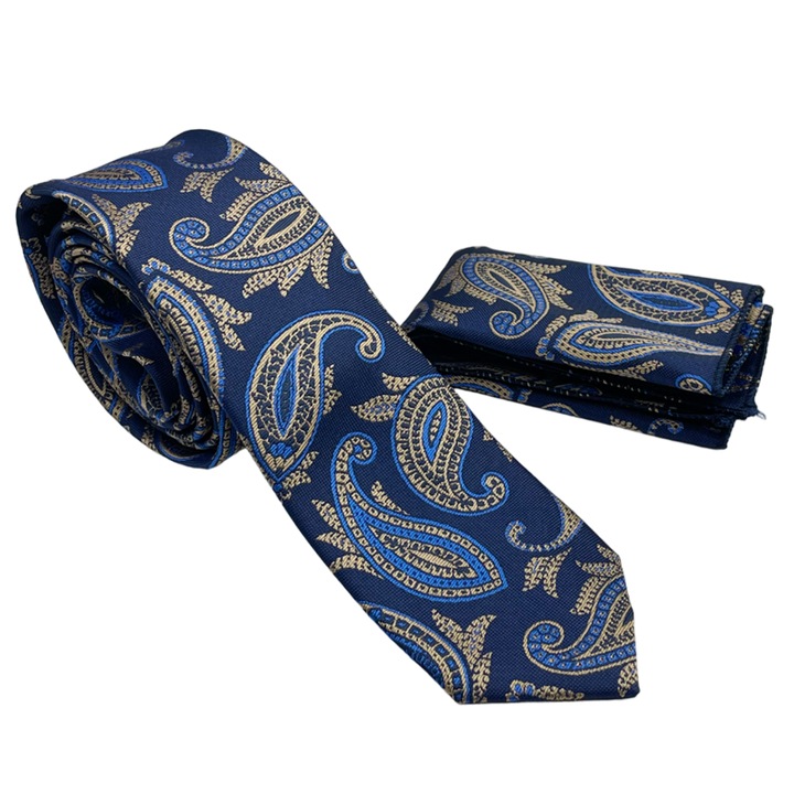 Set cravata slim cu batista Paisley CRAIG, Bleumarin/ Bej
