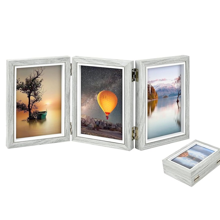 Rama Foto, SINBINTA, Rama foto lemn, Patrata, Pliabila, Fara distorsiuni, fara miros ciudat, Usor de curatat, Poate gazdui 3 fotografii de dimensiuni, Perfecta pentru fotografii, suveniruri, 12.1*17.1cm, Gri