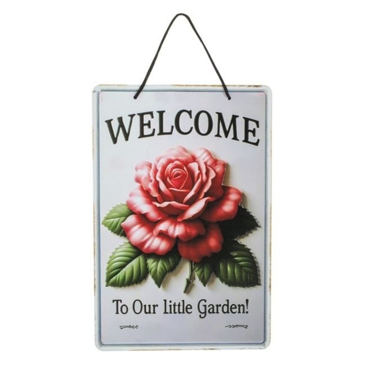 ANTBRO® - Fém függő dekoráció rózsával – „Welcome to Our Little Garden” 24x36cm, tökéletes kültéri teraszra vagy kertbe