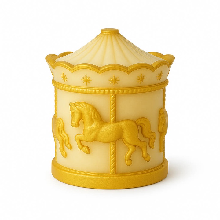 Ръчно изработена ароматна свещ тип „въртележка“ – боровинка, жълта, 100 г – соев восък, памучен фитил, 25 часа горене – ароматерапия, носталгичен подарък, за многократна употреба