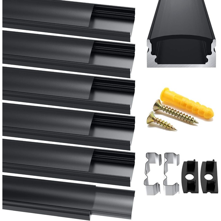 6 darabos Chesbung LED alumínium profilkészlet, 1 méter, U alakú, kupakokkal, bilincsekkel és szerelési tartozékokkal, 1-12 mm-es LED szalagokhoz, fekete