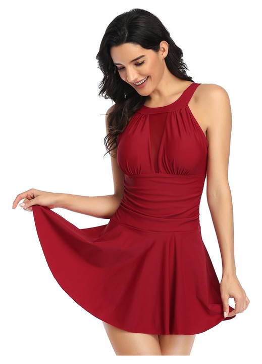 Дамски бански, найлон/еластан, червен, с пола, с къси панталонки, Червен