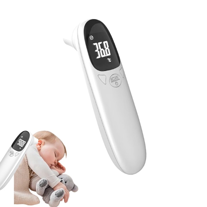 Termometru Digital, citiri precise de temperatura, non-contact, afisaj LED, alarma si memorie de stocare, inchidere automata, pentru adulti si copii, alarma sonora, alb