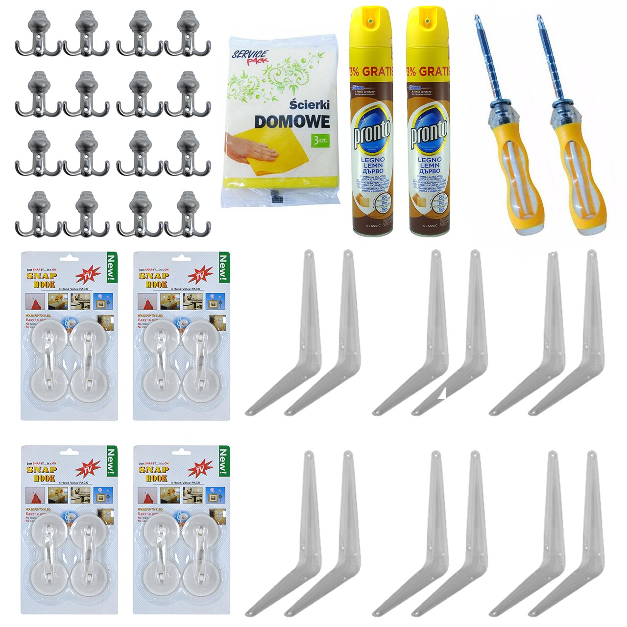 Pachet - 12 x Consola rafturi, 20x15cm + 2 x Surubelnita doua capete in cruce si dreapta + 16 x Cuier cu 2 agatatoare + 2 x Pronto lemn curat, 400ml + 4 x Set agatatoare cu ventuza, 4buc/set + Set lavete uscate, 3buc