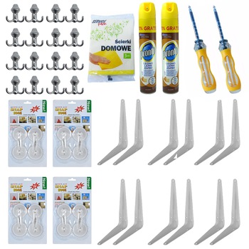 Pachet - 12 x Consola rafturi, 20x15cm + 2 x Surubelnita doua capete in cruce si dreapta + 16 x Cuier cu 2 agatatoare + 2 x Pronto lemn curat, 400ml + 4 x Set agatatoare cu ventuza, 4buc/set + Set lavete uscate, 3buc Pachet - 12 x Consola rafturi, 20x15cm + 2 x Surubelnita doua capete in cruce si dreapta + 16 x Cuier cu 2 agatatoare + 2 x Pronto lemn curat, 400ml + 4 x Set agatatoare cu ventuza, 4buc/set + Set lavete uscate, 3buc