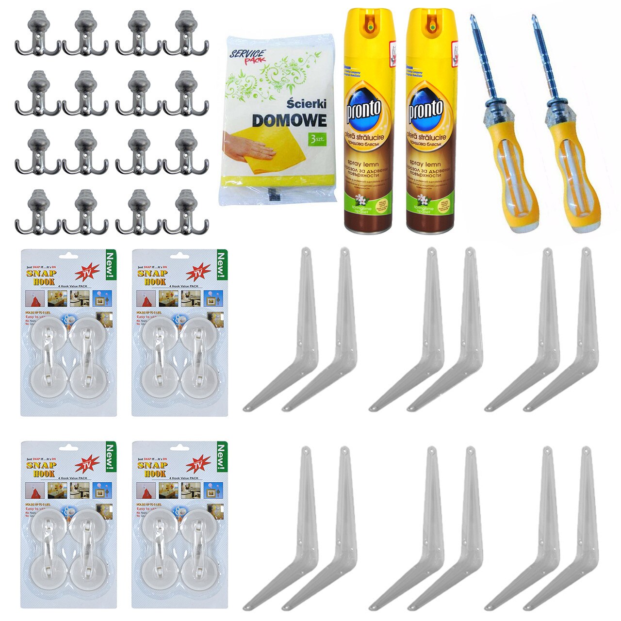 Pachet - 12 x Consola rafturi 30x25 cm + 2 x Surubelnita doua capete in cruce si dreapta + 16 x Cuier cu 2 agatatoare + 2 x Pronto lemn curat, 400ml + 4 x Set Agatatoare cu ventuza, 4buc/Set + Set Lavete uscate, 3buc